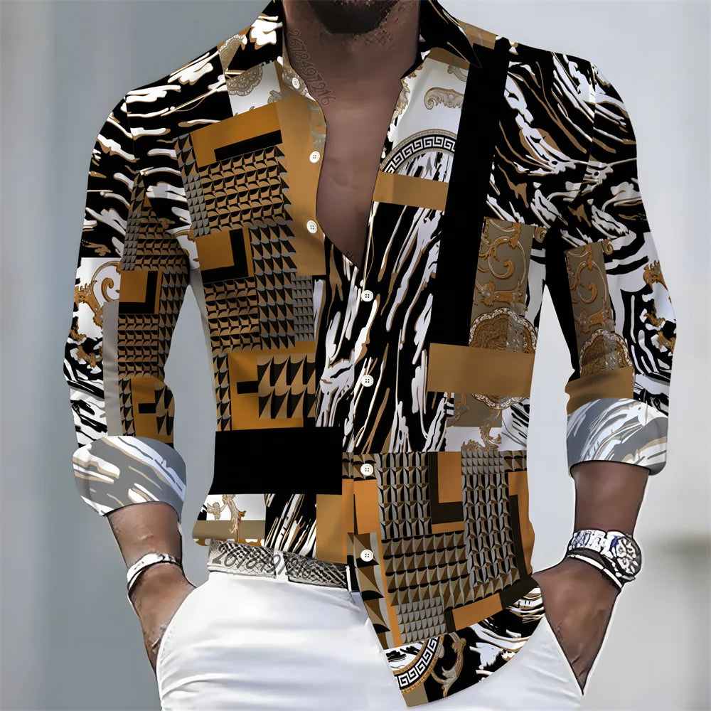 2026 Spring/Autumn New Men's Light Luxury Baroque Style Long-Sleeved Shirt with Color-Blocked Geometric Print Lapel Cardigan